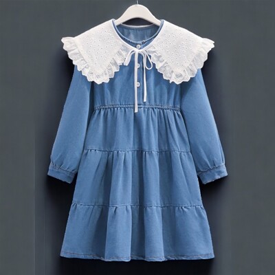 Детски дантелени дънкови рокли за момичета Дрехи за тийнейджъри Ученически дълъг ръкав Пролет Есен Детски бебешки костюми 6 8 9 10 12 13 години