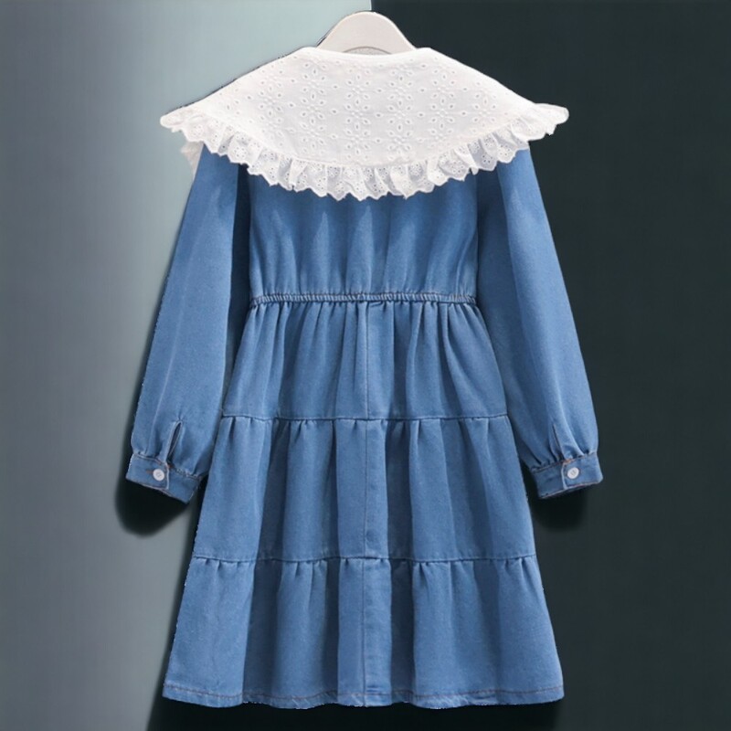 Детски дантелени дънкови рокли за момичета Дрехи за тийнейджъри Ученически дълъг ръкав Пролет Есен Детски бебешки костюми 6 8 9 10 12 13 години