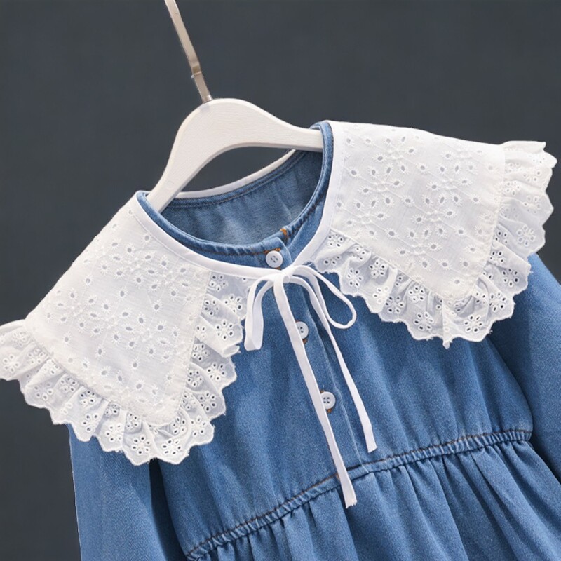 Детски дантелени дънкови рокли за момичета Дрехи за тийнейджъри Ученически дълъг ръкав Пролет Есен Детски бебешки костюми 6 8 9 10 12 13 години