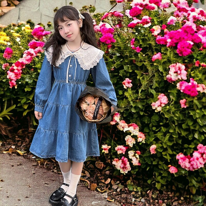 Детски дантелени дънкови рокли за момичета Дрехи за тийнейджъри Ученически дълъг ръкав Пролет Есен Детски бебешки костюми 6 8 9 10 12 13 години