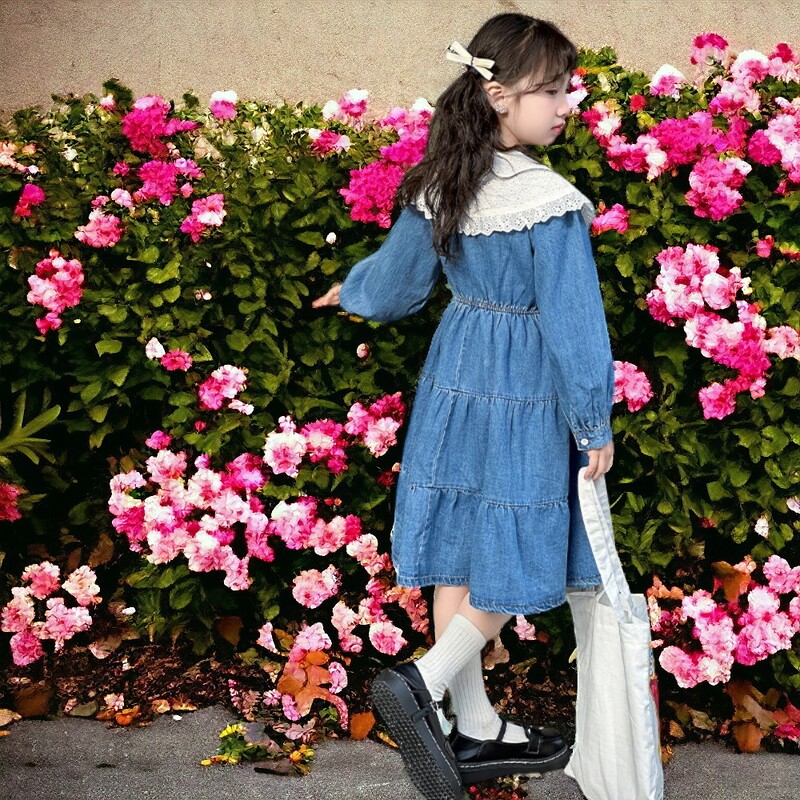 Детски дантелени дънкови рокли за момичета Дрехи за тийнейджъри Ученически дълъг ръкав Пролет Есен Детски бебешки костюми 6 8 9 10 12 13 години