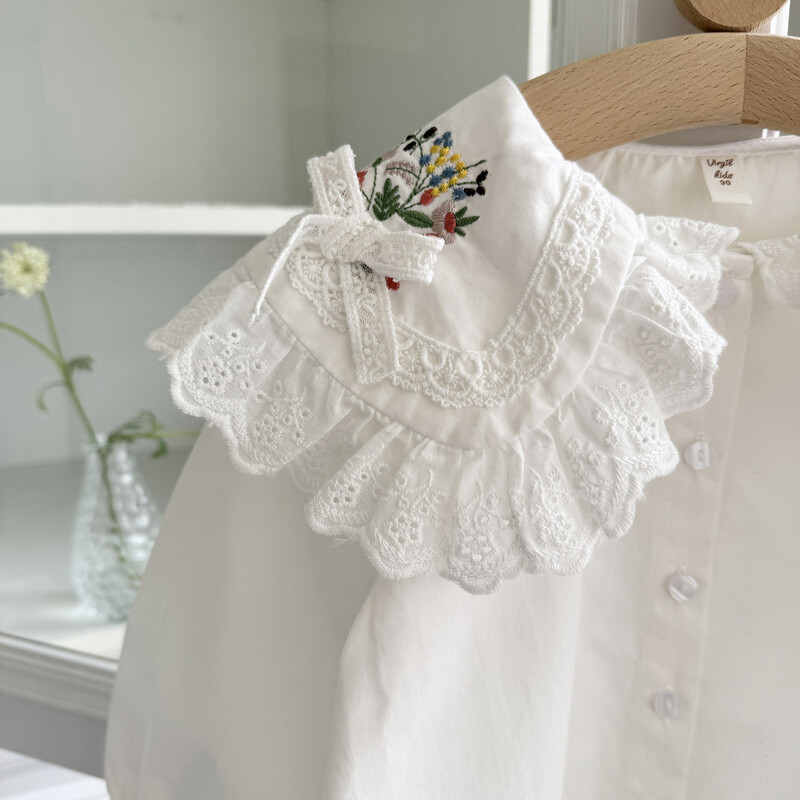 Deer jonmi 2024 Nouă primăvară Cămăși pentru copii din dantelă broderie stil coreean fetițe bumbac prințesă bluze