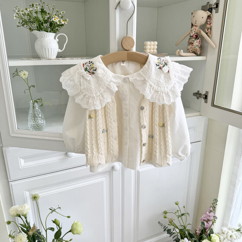 Deer jonmi 2024 Nouă primăvară Cămăși pentru copii din dantelă broderie stil coreean fetițe bumbac prințesă bluze