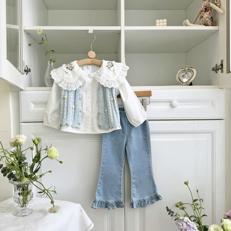 Deer jonmi 2024 Nouă primăvară Cămăși pentru copii din dantelă broderie stil coreean fetițe bumbac prințesă bluze