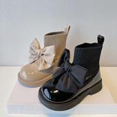 Cizme Copii Fete Bebeluș Blană Subțire Pantofi Toamna Piele Papion ROZ,NEGRU,PENTRU COPII Cizme scurte Mărimea 26-36#