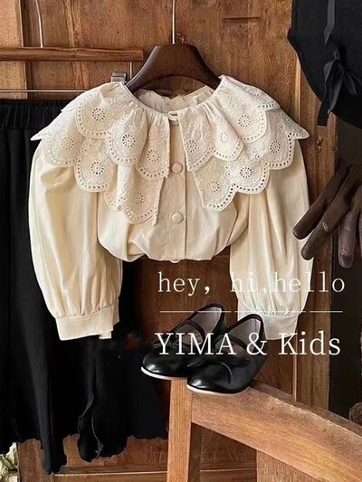 2024. Nova retro odjeća za djevojčice Čipkasta košulja Dječja modna jednobojna majica dugih rukava za bebe