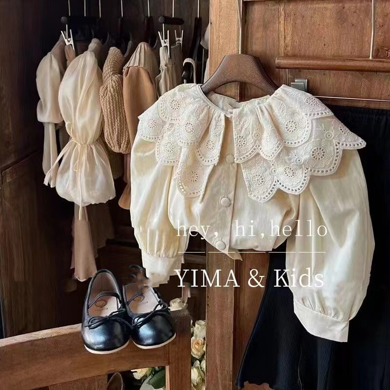 2024. Nova retro odjeća za djevojčice Čipkasta košulja Dječja modna jednobojna majica dugih rukava za bebe