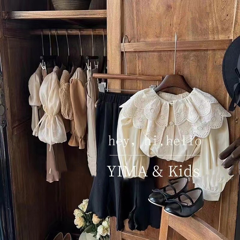 2024. Nova retro odjeća za djevojčice Čipkasta košulja Dječja modna jednobojna majica dugih rukava za bebe