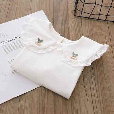 Laste pikkade varrukatega kihiline T-särk sügisstiilis tikandiga valge särk, väike revääriga nukutopp tüdrukutele kuni 10. eluaastani