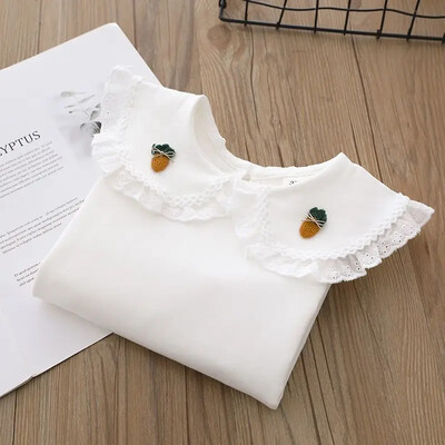 Laste pikkade varrukatega kihiline T-särk sügisstiilis tikandiga valge särk, väike revääriga nukutopp tüdrukutele kuni 10. eluaastani