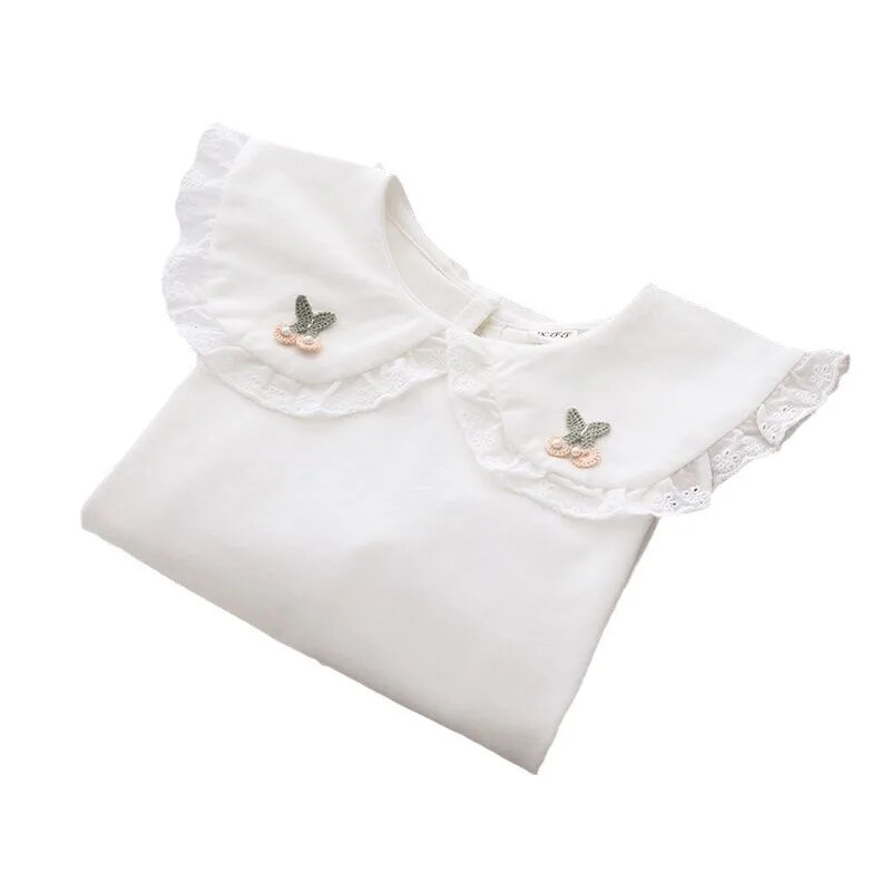 Laste pikkade varrukatega kihiline T-särk sügisstiilis tikandiga valge särk, väike revääriga nukutopp tüdrukutele kuni 10. eluaastani