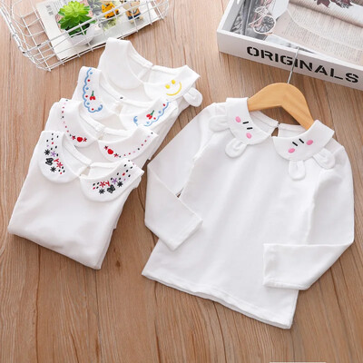 Îmbrăcăminte pentru copii Tricou cu mânecă lungă cu gât de păpușă pentru fete Bumbac pur Cămașă cu fundul alb pentru bebeluși Top pentru fete Stil străin