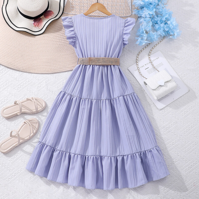 【Centură gratuită】Rochie pentru copii Adolescenți Îmbrăcăminte pentru fete Mâneci scurte 8 9 10 11 12 ani Vară Rochie pentru fetiță, simplă, grațioasă, cu volane