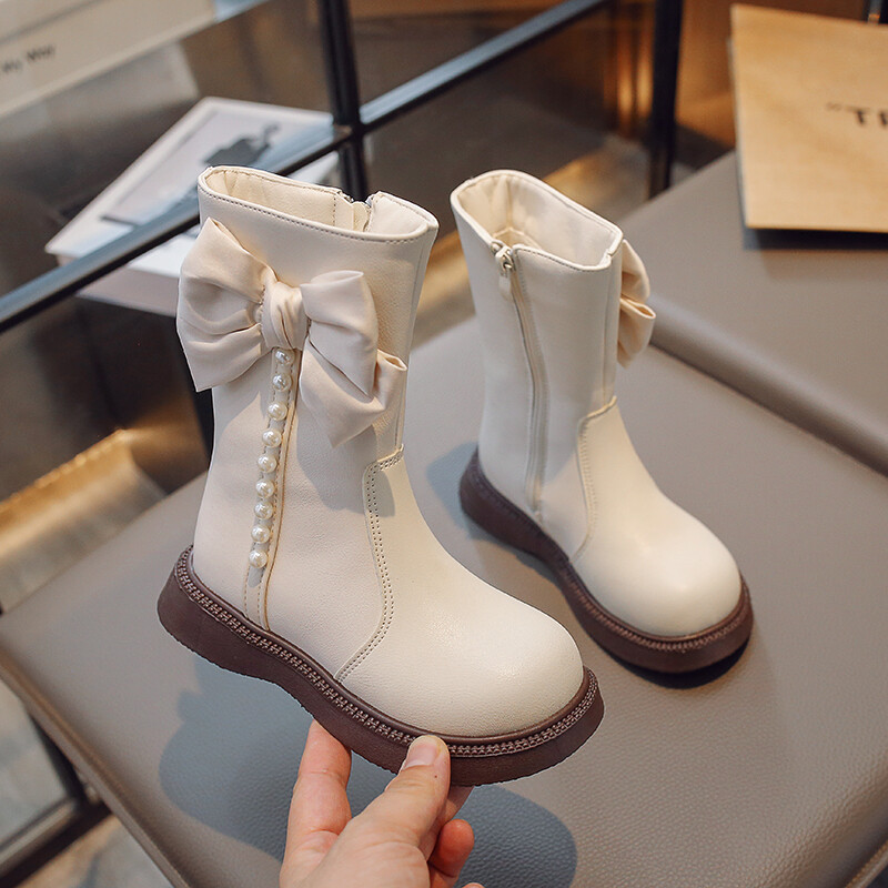 Lastejalatsid Mood Printsess Kõrge ülaosaga saapad Tüdrukutele Nahast Veekindlad Pluss Velvet Soojad Lumesaapad Laste Vibu Disainiga Pikad Saapad