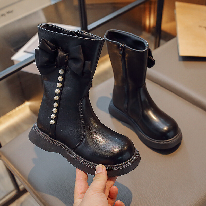 Lastejalatsid Mood Printsess Kõrge ülaosaga saapad Tüdrukutele Nahast Veekindlad Pluss Velvet Soojad Lumesaapad Laste Vibu Disainiga Pikad Saapad