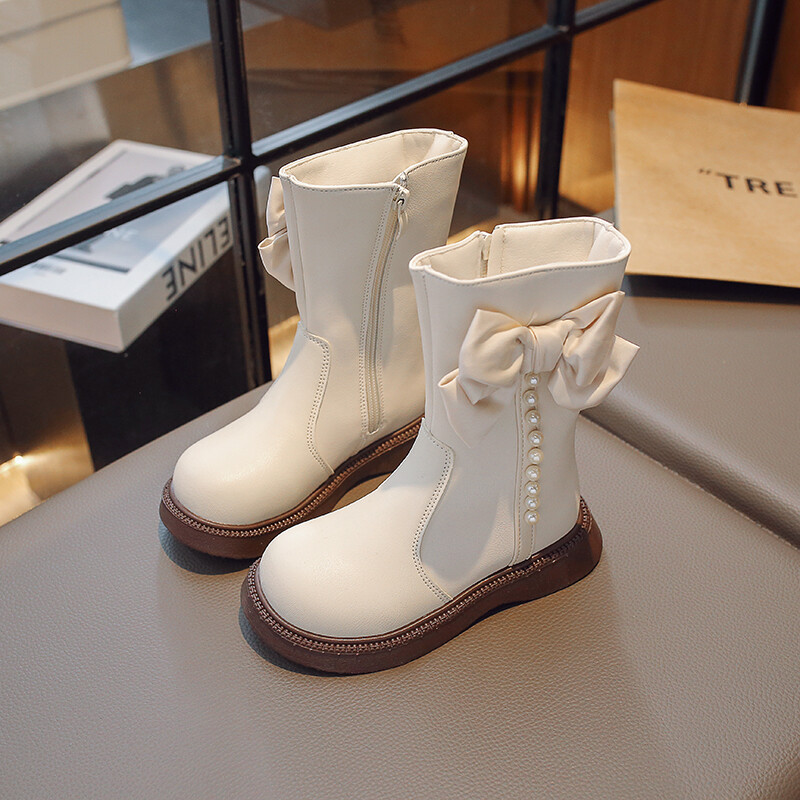 Lastejalatsid Mood Printsess Kõrge ülaosaga saapad Tüdrukutele Nahast Veekindlad Pluss Velvet Soojad Lumesaapad Laste Vibu Disainiga Pikad Saapad