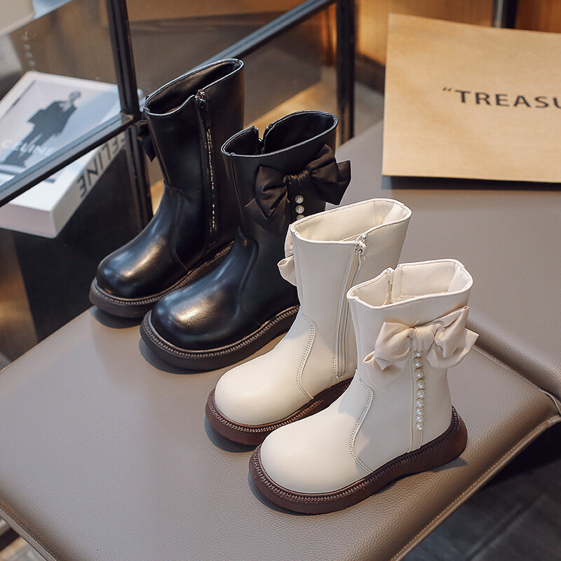 Lastejalatsid Mood Printsess Kõrge ülaosaga saapad Tüdrukutele Nahast Veekindlad Pluss Velvet Soojad Lumesaapad Laste Vibu Disainiga Pikad Saapad