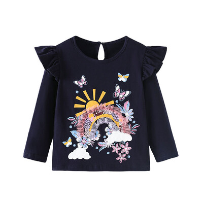 Hüppemeetrid 2-7T Loomad Pikkade varrukatega Tüdrukute T-särgid Pärlid Lapsed Sügis Kevad Lapsed Poisid Riided Mood Väikelaste Särgid Topid