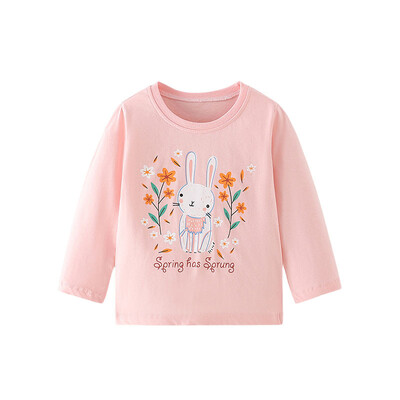 Hüppemeetrid 2-7T pikkade varrukatega tüdrukute T-särgid Sügismood Lasteriided Jänku aplikatsioonitaskud Väikelapse kostüüm Armsad topid