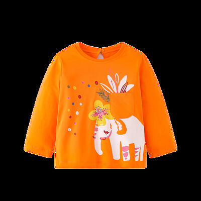 Hüppemeetrid 2-7T pikkade varrukatega tüdrukute T-särgid Sügismood Lasteriided Jänku aplikatsioonitaskud Väikelapse kostüüm Armsad topid