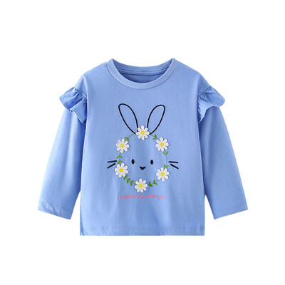 Hüppemeetrid 2-7T pikkade varrukatega tüdrukute T-särgid Sügismood Lasteriided Jänku aplikatsioonitaskud Väikelapse kostüüm Armsad topid