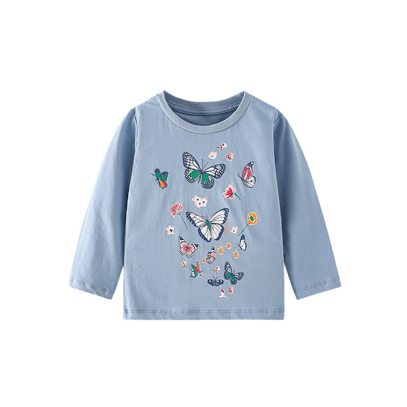 Hüppemeetrid 2-7T pikkade varrukatega tüdrukute T-särgid Sügismood Lasteriided Jänku aplikatsioonitaskud Väikelapse kostüüm Armsad topid