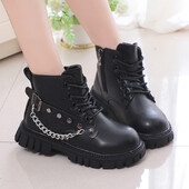 Nove crne modne kratke čizme za djevojčice u britanskom stilu, lanci, kopča, patentni zatvarač, hladno smeđe čizme za dječake, neklizajuće, dječje cipele 2023., uniseks