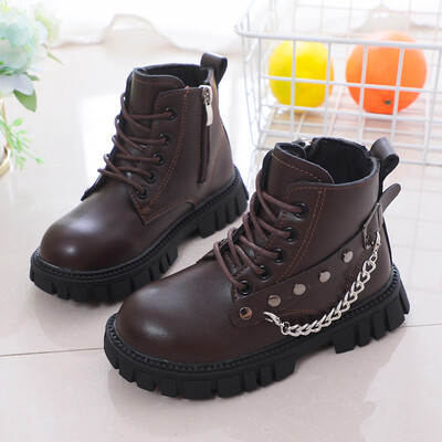 Nove crne modne kratke čizme za djevojčice u britanskom stilu, lanci, kopča, patentni zatvarač, hladno smeđe čizme za dječake, neklizajuće, dječje cipele 2023., uniseks