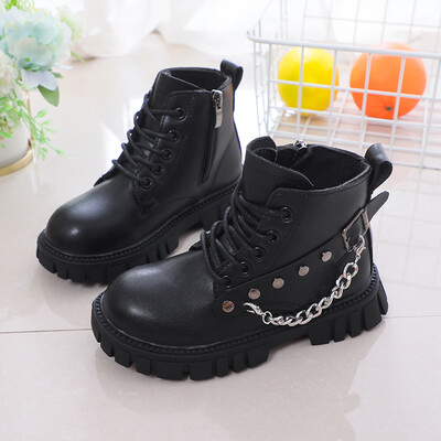 Nove crne modne kratke čizme za djevojčice u britanskom stilu, lanci, kopča, patentni zatvarač, hladno smeđe čizme za dječake, neklizajuće, dječje cipele 2023., uniseks