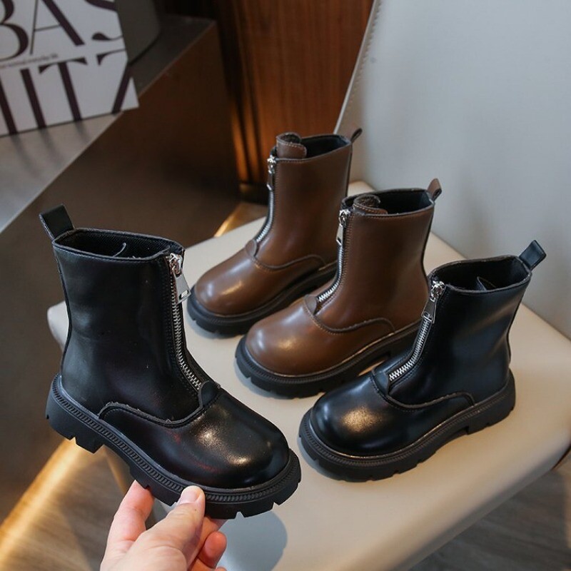 Dječje kožne čizme u britanskom stilu Nova jesen 2023. za djevojčice Vodootporni neklizajući gumeni potplat Gležnjače s patentnim zatvaračem Modne cipele za djevojčice