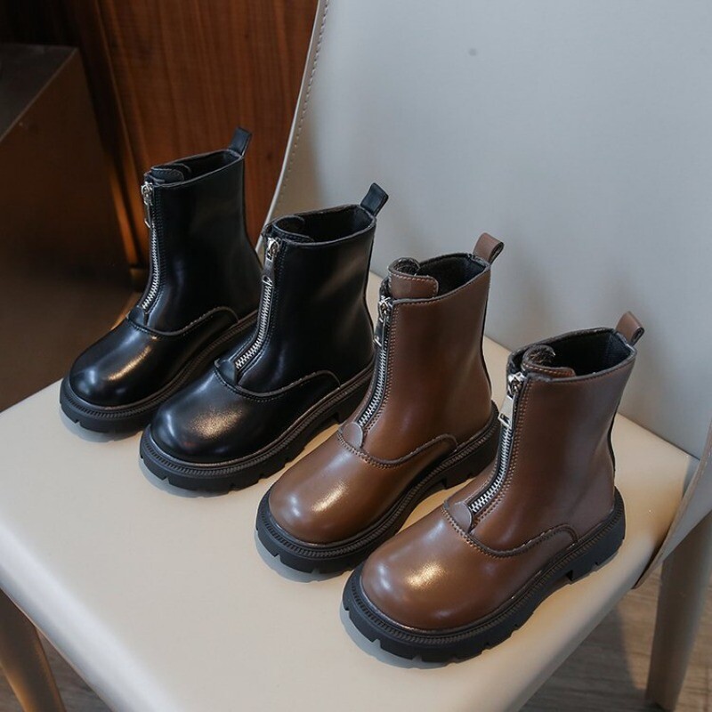 Dječje kožne čizme u britanskom stilu Nova jesen 2023. za djevojčice Vodootporni neklizajući gumeni potplat Gležnjače s patentnim zatvaračem Modne cipele za djevojčice