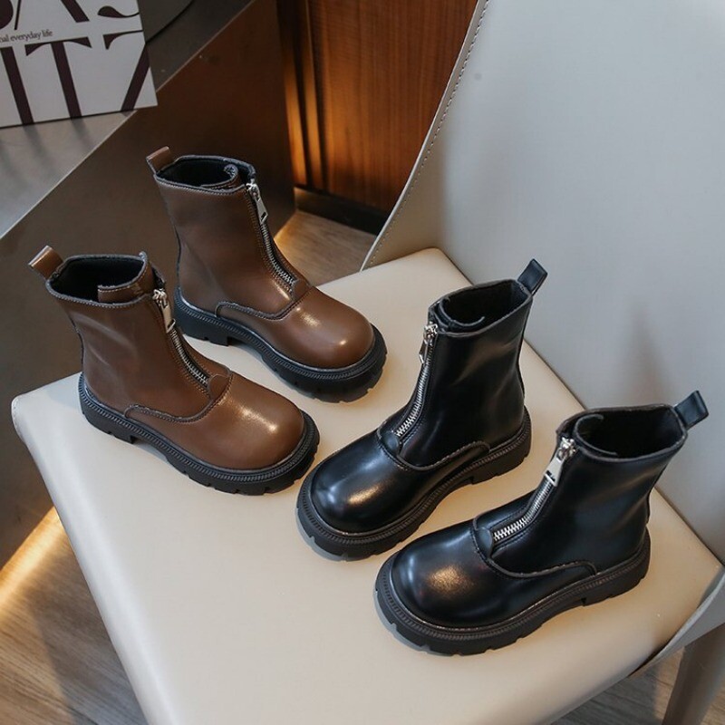 Dječje kožne čizme u britanskom stilu Nova jesen 2023. za djevojčice Vodootporni neklizajući gumeni potplat Gležnjače s patentnim zatvaračem Modne cipele za djevojčice