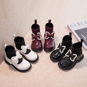 Kórejská verzia dievčenských princeznovských kožených čižiem s perleťovou mašľou - dievčenské topánky