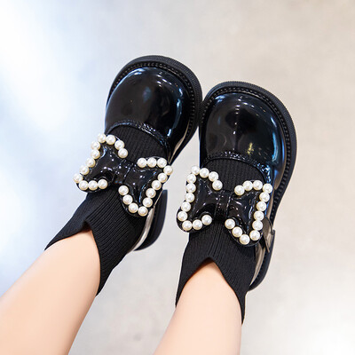 Kórejská verzia dievčenských princeznovských kožených čižiem s perleťovou mašľou - dievčenské topánky