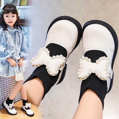 Kórejská verzia dievčenských princeznovských kožených čižiem s perleťovou mašľou - dievčenské topánky