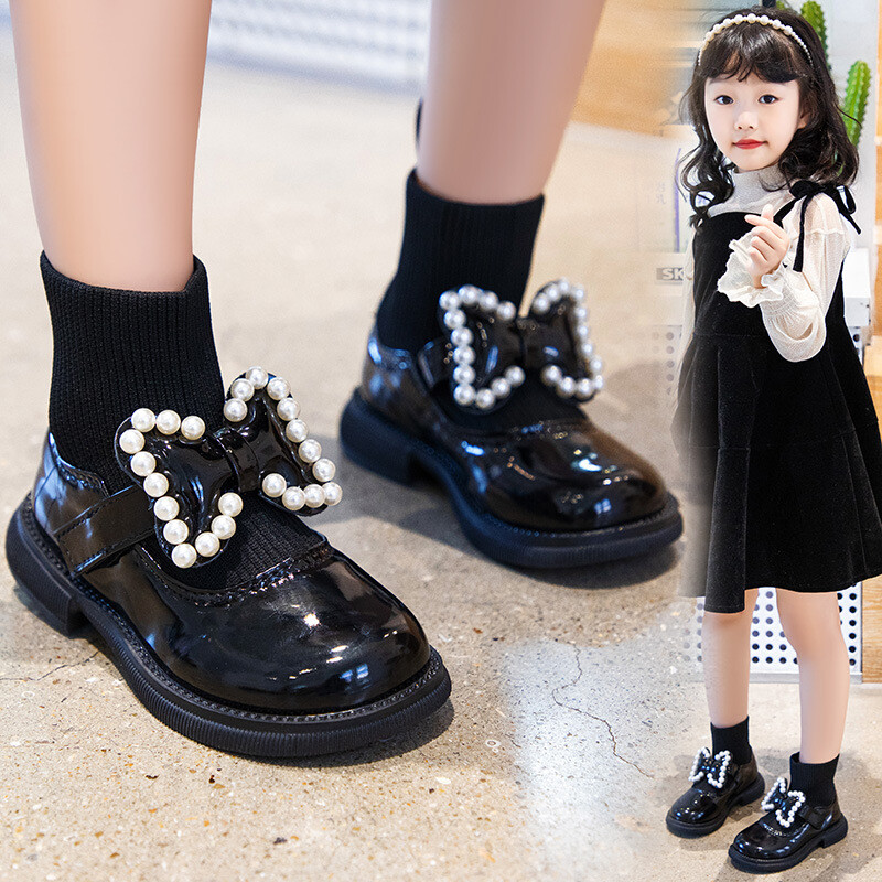 Kórejská verzia dievčenských princeznovských kožených čižiem s perleťovou mašľou - dievčenské topánky