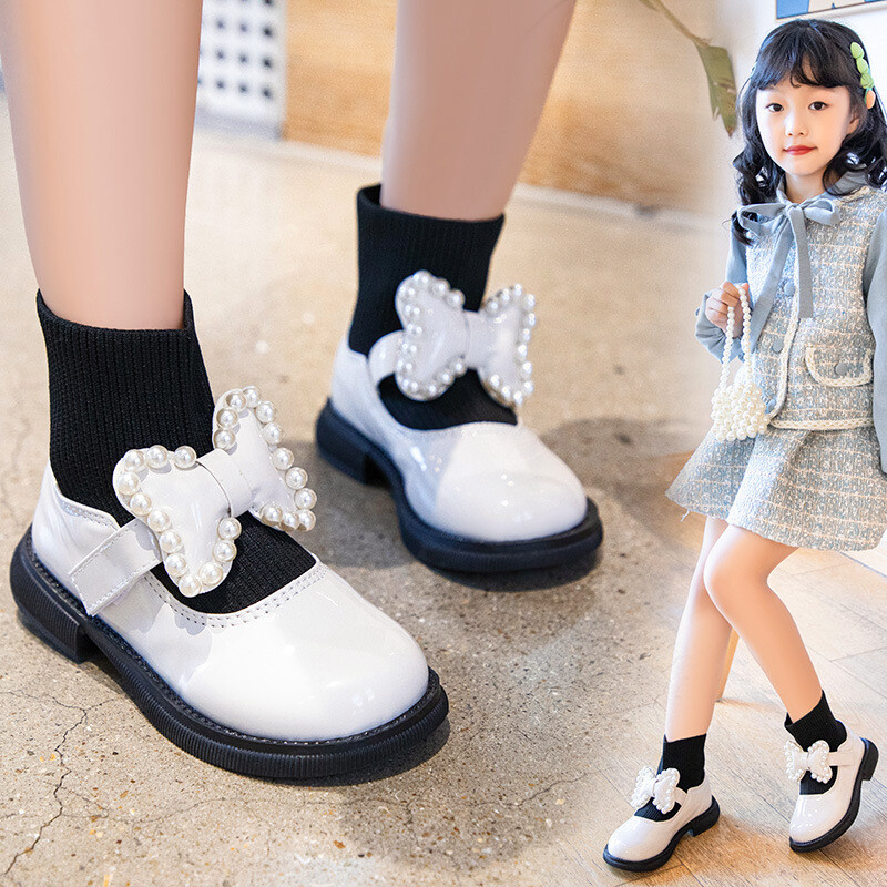 Kórejská verzia dievčenských princeznovských kožených čižiem s perleťovou mašľou - dievčenské topánky