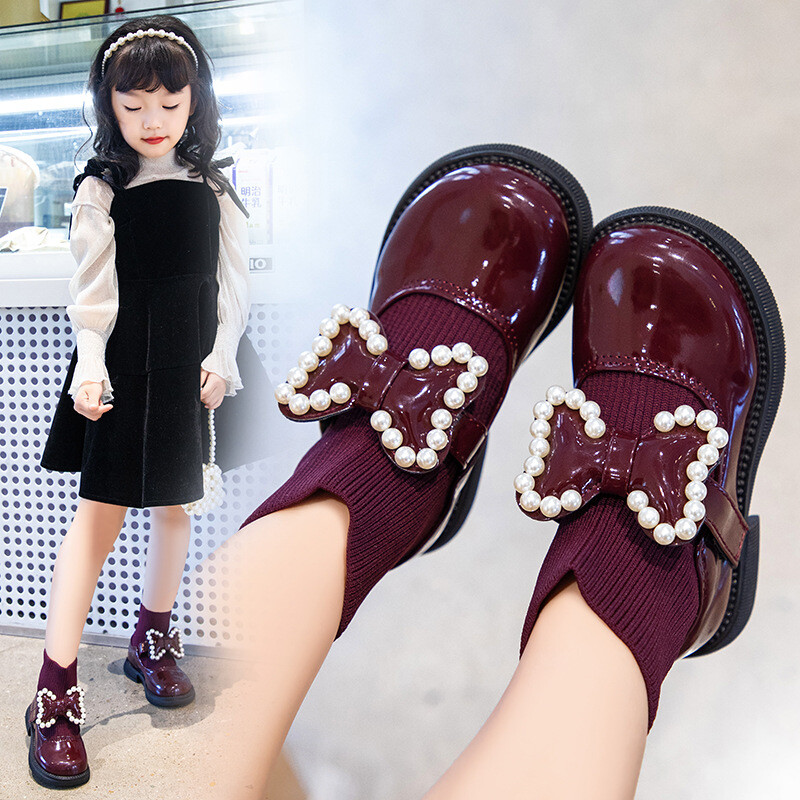 Kórejská verzia dievčenských princeznovských kožených čižiem s perleťovou mašľou - dievčenské topánky