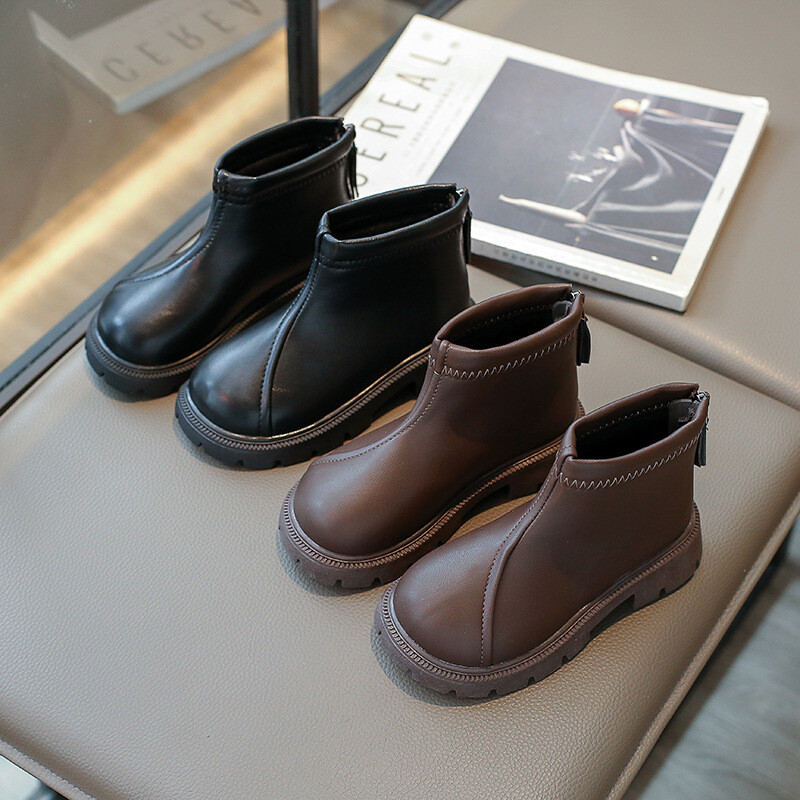 Sügistalv Uus 2023 Moodsad lastesaapad Tüdrukutele Veekindlad Mittelibisemiskindlad Tõmblukuga Pehme tallaga Nahast saapad Laste vabaajajalatsid