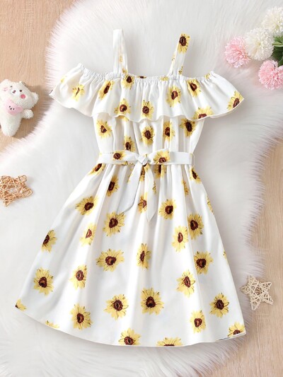 Ljetna haljina za djevojčice Suknja s naborima i rukavima na tregere, cvjetna modna odjeća za djecu 7-14 Y