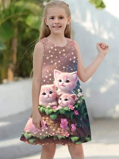 Suvised tüdrukute kleidid 2–8 aastat 2024 Lasteriided Vabaaja varrukateta O-kaelusega 3D-prindiga liblikas printsesskleit tüdrukutele