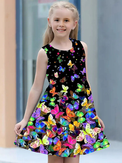 Suvised tüdrukute kleidid 2–8 aastat 2024 Lasteriided Vabaaja varrukateta O-kaelusega 3D-prindiga liblikas printsesskleit tüdrukutele