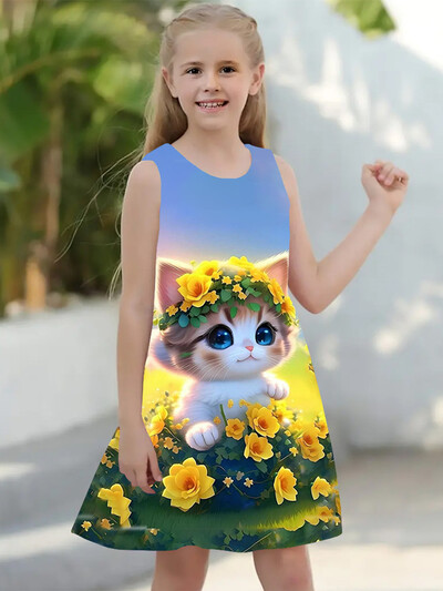 Suvised tüdrukute kleidid 2–8 aastat 2024 Lasteriided Vabaaja varrukateta O-kaelusega 3D-prindiga liblikas printsesskleit tüdrukutele