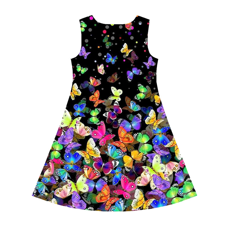 Suvised tüdrukute kleidid 2–8 aastat 2024 Lasteriided Vabaaja varrukateta O-kaelusega 3D-prindiga liblikas printsesskleit tüdrukutele