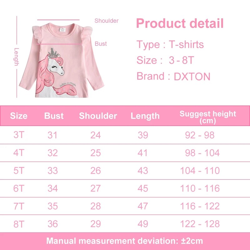 DXTON kevadised tüdrukute T-särgid pikkade varrukatega tüdrukutele vabaaja topid väikelastele puuvillased särgid, lapsed multikad Ükssarvikukroon T-särgid, komplektid