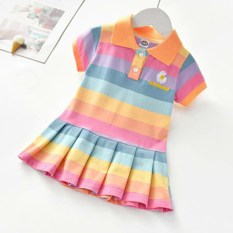 Rochie ocazională pentru fete de vară, la modă, pentru copii mici, din bumbac, haine cu guler răsturnat, rochii sportive cu mâneci scurte.