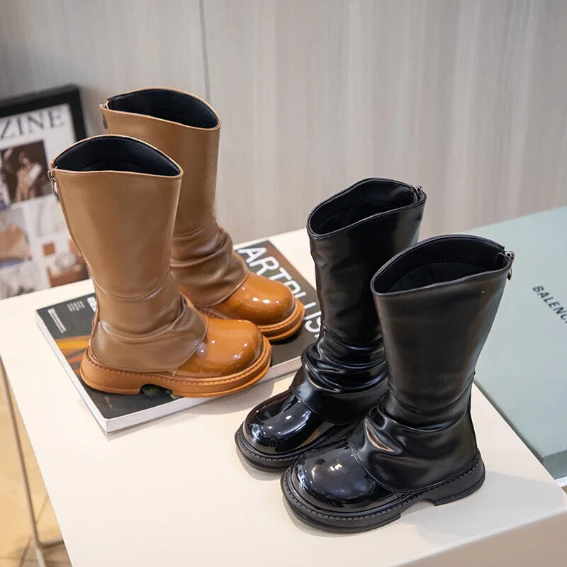 2024. aasta uus lihtne libisemisvastane lastemood, mitmekülgsed pehmed tüdrukute kõrged saapad šikk PU-tagant tõmblukk Unikaalsed elegantsed printsessisaapad lastele