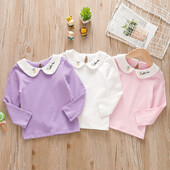 Tüdrukute nukukaelusega pikkade varrukatega T-särk, hulgimüük puhtast puuvillast, imiku alumine ülaosa laste kevad- ja sügisrõivad