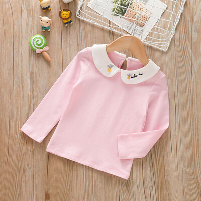 Tüdrukute nukukaelusega pikkade varrukatega T-särk, hulgimüük puhtast puuvillast, imiku alumine ülaosa laste kevad- ja sügisrõivad