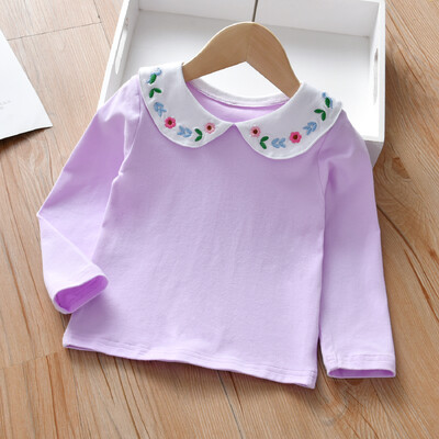 1-7-aastastele tüdrukutele mõeldud alussärk Mugav puuvillane laste pikkade varrukatega T-särk Tikitud lilledega Laste igapäevane vabaaja särk
